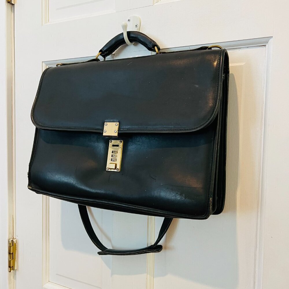 Jack Georges Leather Briefcase Messenger Bag Black Unisex Vintage Leather Gold